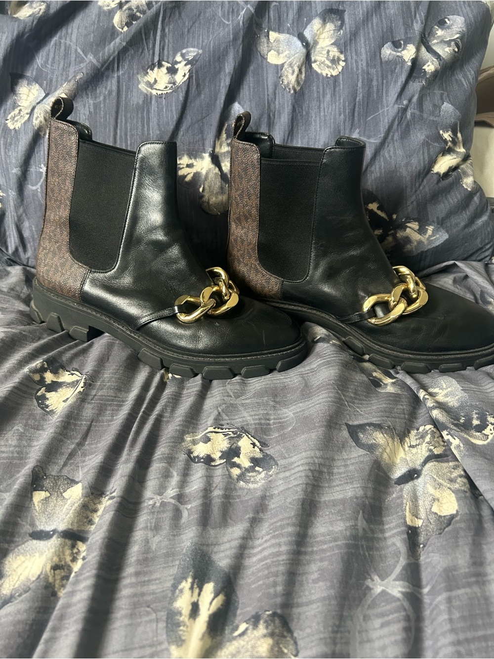 Michael Kors Black Leather Ankle Boots with Gold Chain Detail